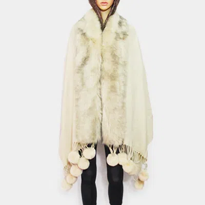 Truedames Faux Fur Trim Pom Pom Dangle Poncho In White