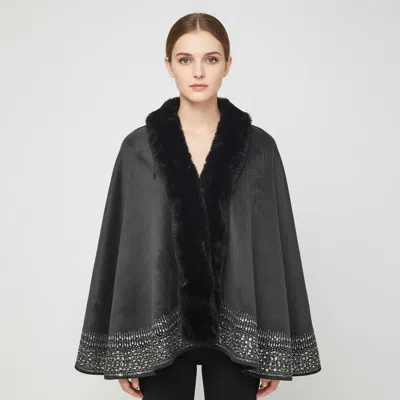 Truedames Faux Fur Trim Rhinestone Embellished Hem Poncho Shawl In Black