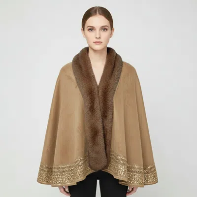 Truedames Faux Fur Trim Rhinestone Embellished Hem Poncho Shawl In Brown