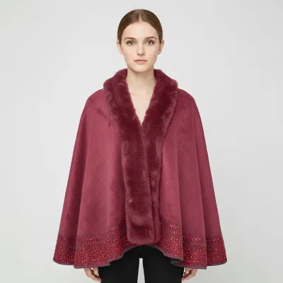 Truedames Faux Fur Trim Rhinestone Embellished Hem Poncho Shawl In Red