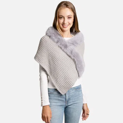 Truedames Faux Fur Trim Solid Knitted Rib Shawl Wrap In Gray