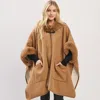 Truedames Faux Fur Trim Toggle Clasp Front Cape Wrap Poncho In Brown