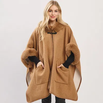 Truedames Faux Fur Trim Toggle Clasp Front Cape Wrap Poncho In Brown