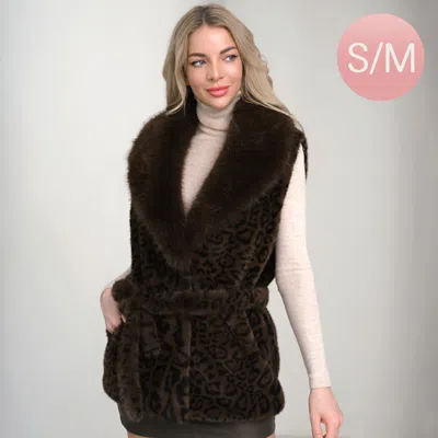 Truedames Faux Fur Wide Collar Belted Vest In Brown