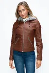 Truedames Faux Layered Double-zipper Jacket With Fuzzy Hood In Brown