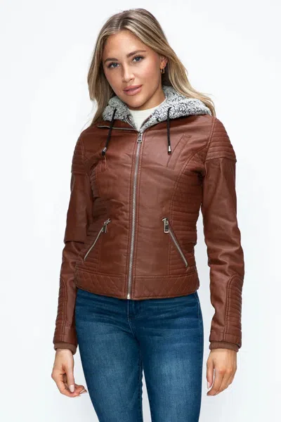 Truedames Faux Layered Double-zipper Jacket With Fuzzy Hood In Brown