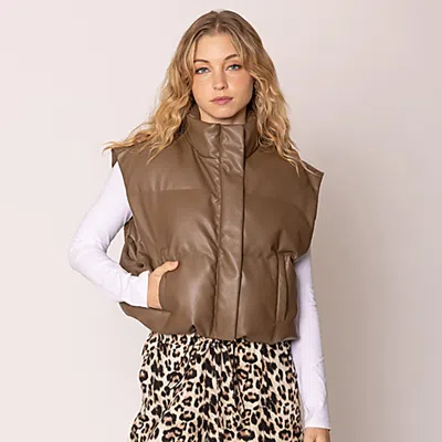 Truedames Faux Leather Padded Vest In Brown