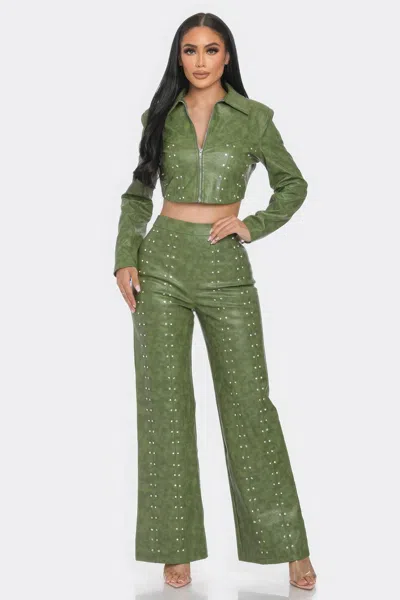 Truedames Faux Leather Set With Rhinestone Detail In Green