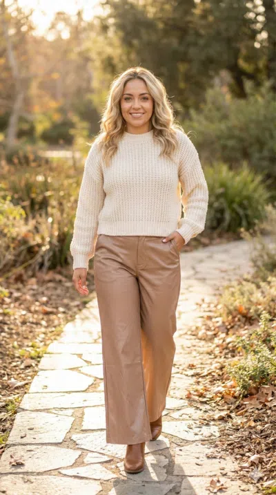 Truedames Faux Leather Wide Leg Pants In Brown