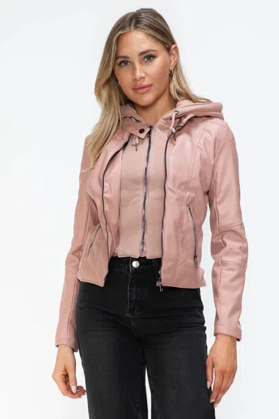 Truedames Faux Leather Zip Up Drawstring Hooded Jacket In Pink