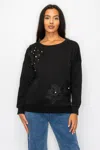 Truedames Faux Pearl Beaded Floral Patch Crewneck Sweatshirt In Black