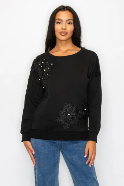 Truedames Faux Pearl Beaded Floral Patch Crewneck Sweatshirt In Black