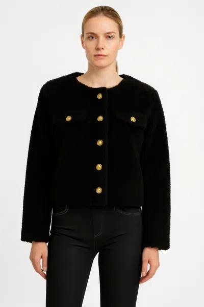 Truedames Faux Shearling Button-front Cropped Jacket In Black