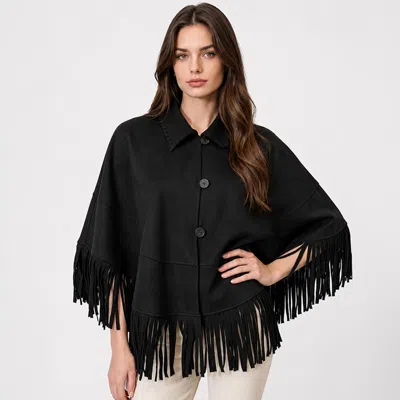 Truedames Faux Suede Fringe Hem Cape Poncho Jacket In Black