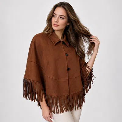 Truedames Faux Suede Fringe Hem Cape Poncho Jacket In Brown
