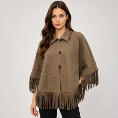 Truedames Faux Suede Fringe Hem Cape Poncho Jacket In Green