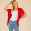 Truedames Faux Suede Open Front Western Tassel Shawl Poncho In Red