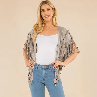 Truedames Faux Suede Open Front Western Tassel Shawl Poncho In White