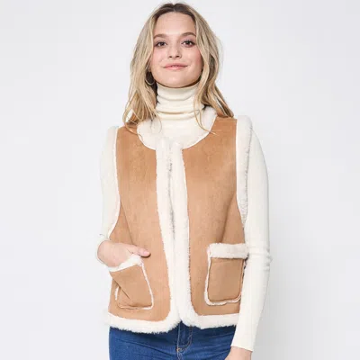 Truedames Faux Suede Sherpa Vest In Beige