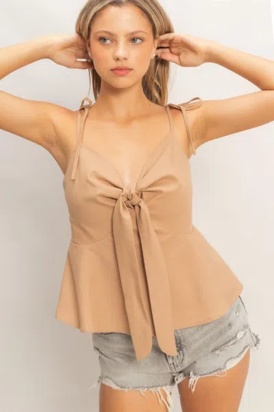 Truedames Feminine Tie-front Summer Spaghetti Strap Top In Brown