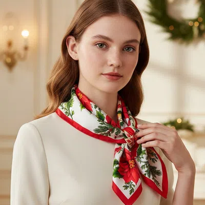 Truedames Festive Christmas Poinsettia Pattern Square Bandana Scarf In Green