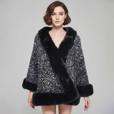 Truedames Festive Sequin Faux Fur Trim Shawl Poncho In Metallic