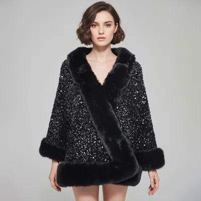 Truedames Festive Sequin Faux Fur Trim Shawl Poncho In Multi
