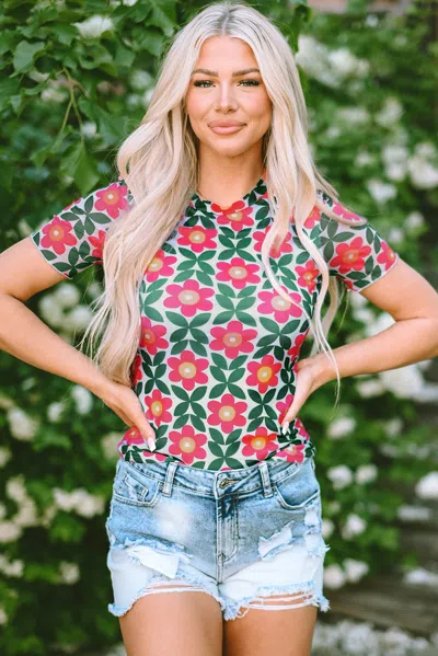 Truedames Fiery Red Retro Floral Print Crew Neck T Shirt In Multi