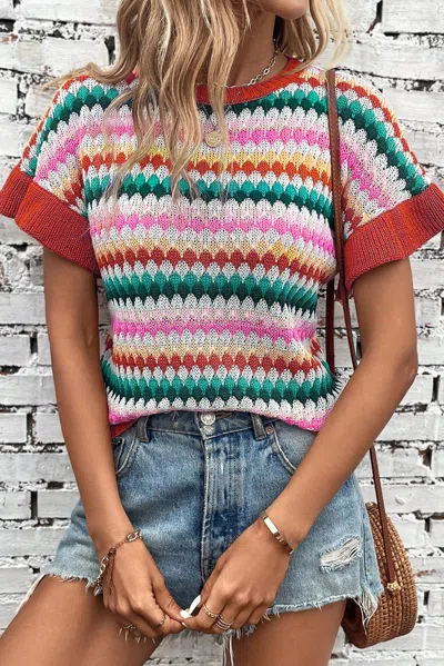 Truedames Fiery Red Trimmed Ruffle Sleeve Colorful Textured Sweater In Multi