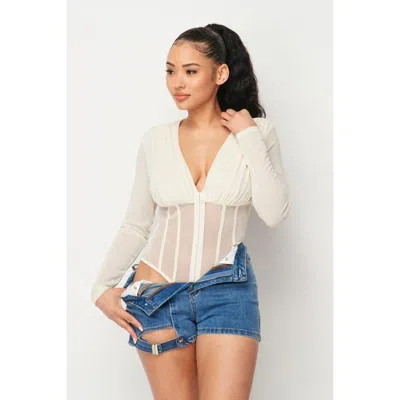 Truedames Fishnet Sheer Mesh Back Deep V Neck Bodysuit In Beige