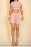 Truedames Fitted Crop Tee & Adjustable Drawstring Shorts Set In Pink