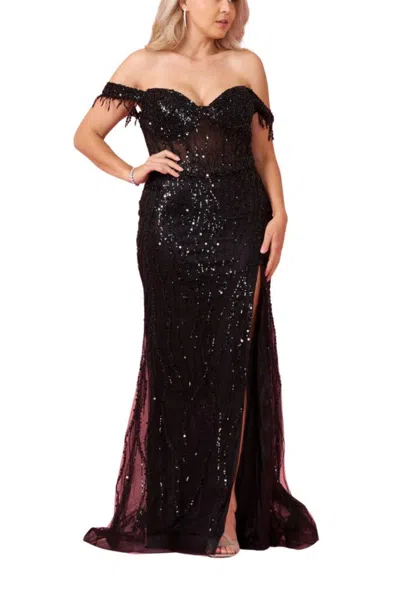 Truedames Fitted Off Shoulder Sequin Prom Formal Gown Dress In Black