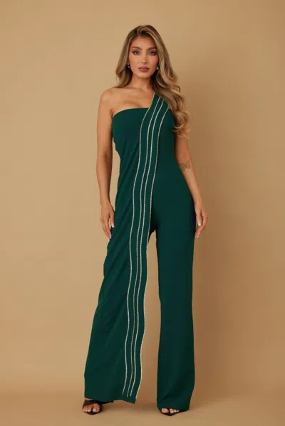 Truedames Flap Rhinestone Edge Jumpsuit In Green