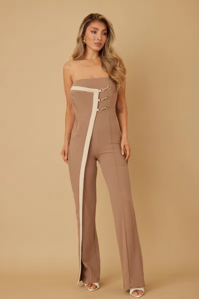 Truedames Flap Strapless Chain Jumpsuit In Beige