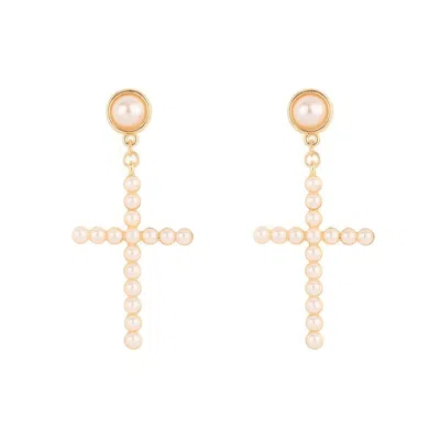 Truedames Flash-plated White Pearl Pave Cross Earrings In Gold