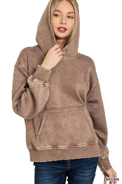 Truedames Fleece Acid Wash Kangaroo Pocket Hoodie In Brown