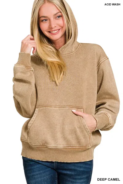 Truedames Fleece Acid Wash Kangaroo Pocket Hoodie In Brown
