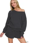 Truedames Fleece Boat Neck Sweatshirt And Shorts Set In Black