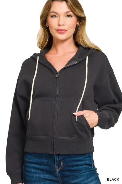 Truedames Fleece Cropped Zip-up Hoodie With Pockets In Black