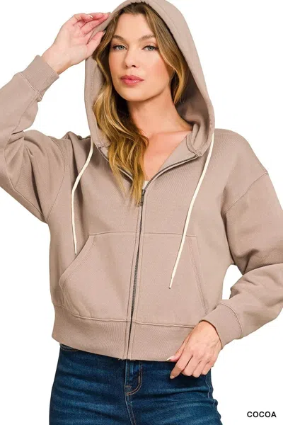 Truedames Fleece Cropped Zip-up Hoodie With Pockets In Brown
