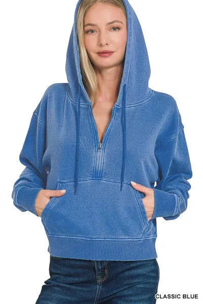 Truedames Fleece Pigment Dye Half Zip Kangaroo Pocket Hoodie In Blue