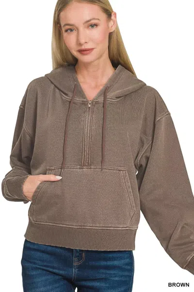 Truedames Fleece Pigment Dye Half Zip Kangaroo Pocket Hoodie In Brown