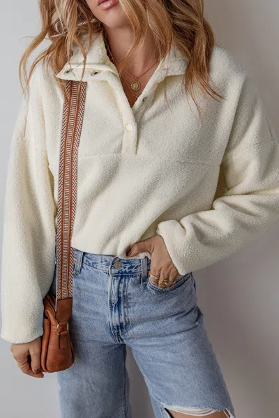 Truedames Fleece Placket Turn-down Collar Drop Shoulder Sweatshirt In White