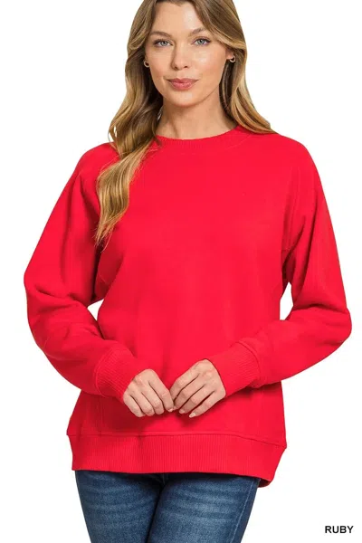 Truedames Fleece Round Neck Ribbed Side Raglan Sweatshirt In Red