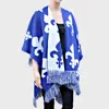 Truedames Fleur De Lis Pattern Fringe Shawl In Blue