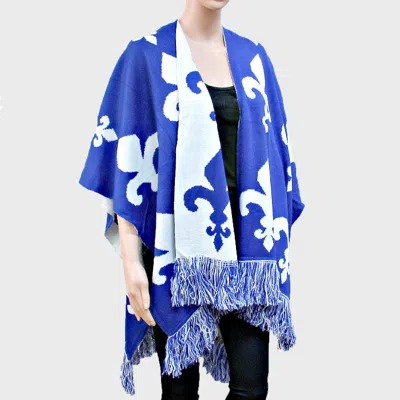 Truedames Fleur De Lis Pattern Fringe Shawl In Blue