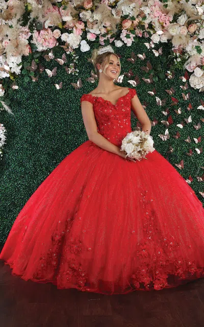 Truedames Floral Applique Off Shoulder Glitter Ball Gown In Red