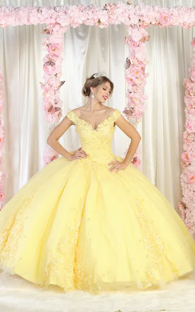 Truedames Floral Applique Off Shoulder Glitter Ball Gown In Yellow