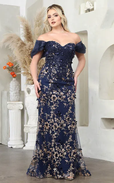 Truedames Floral Applique Off Shoulder Glitter Prom Gown In Blue