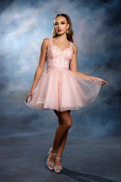 Truedames Floral Appliqué Sweetheart Cocktail A-line Dress Wide Strap Glitter Tulle In Pink